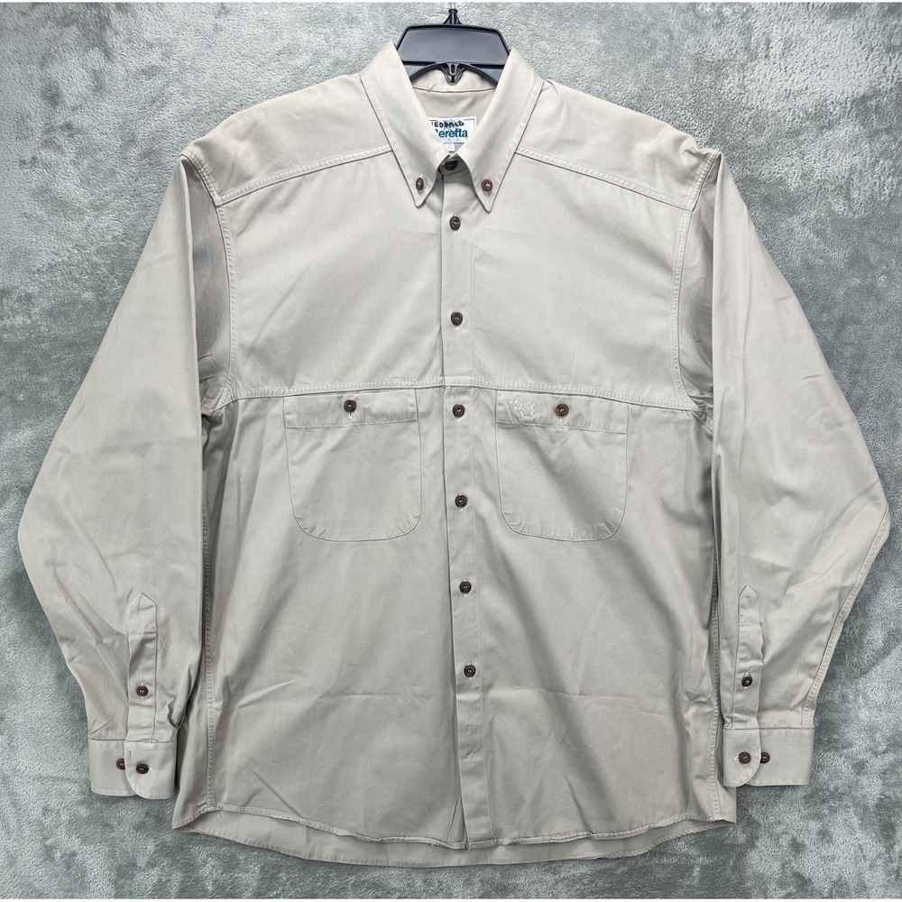 Beretta Sport Men's Shirt XL Beige Cotton Long Sleeve Button Down Made in Italy